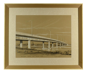 Gibb, Architectural Drawing of Smithtown Bridge, Australia, 1950s, Charcoal & Crayon