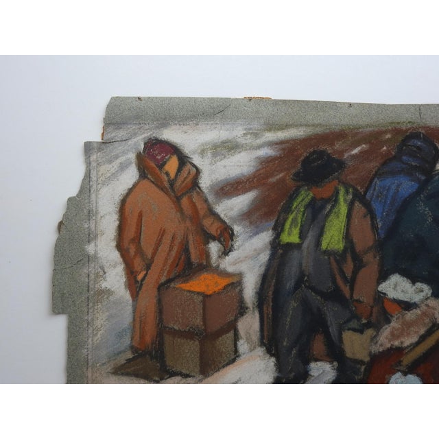 Vintage mid 20th century pastel painting on gray paper scene of a street market in winter. Unsigned. Unframed, edge tears,...