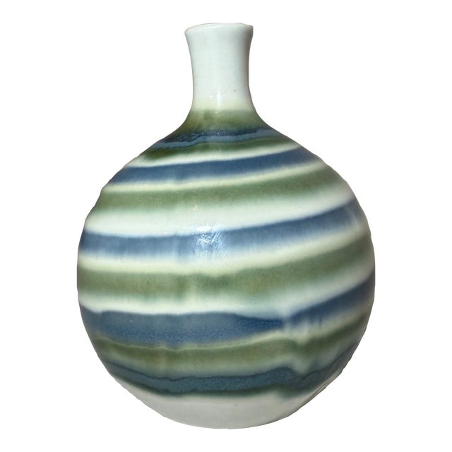Vintage Otagiri Japan Green Striped Glazed Bulbous Weed Pot Pottery Vase For Sale