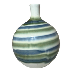 Vintage Otagiri Japan Green Striped Glazed Bulbous Weed Pot Pottery Vase