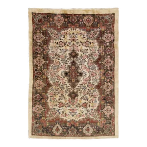 Floral Beige Wool Rug Vintage Persian Mahal 6 X 9