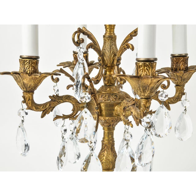 1930s Vintage Brass and Crystal Table Chandelier 5 Arm Candelabra Lamp For Sale - Image 5 of 15