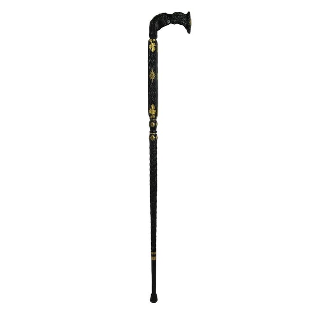 Victorian Alligator Carved Wood Gold Leaf Amber Inlaid Black Lacquer Walking Stick Cane For Sale - Image 3 of 18