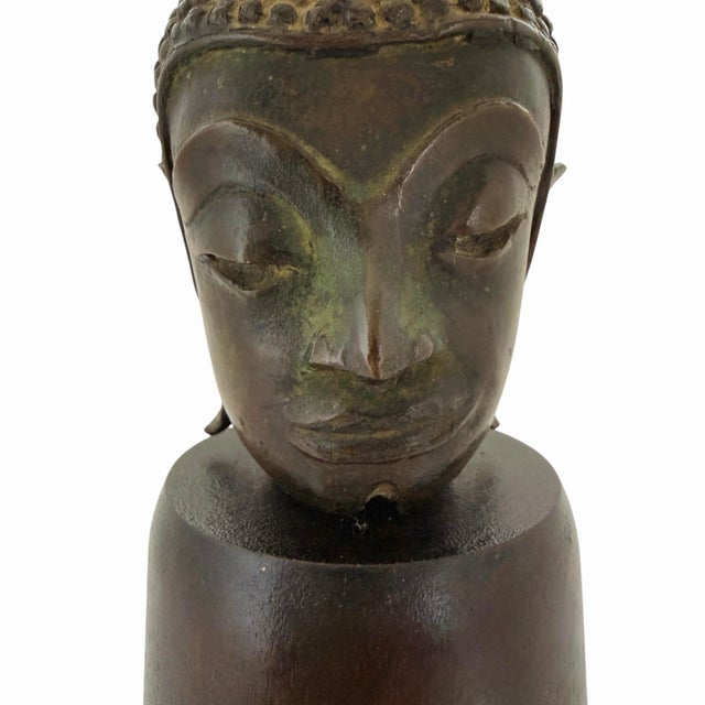 19th Century Thai Patinated Bronze Buddha Head on Plinth - Trace Gilding For Sale - Image 10 of 12