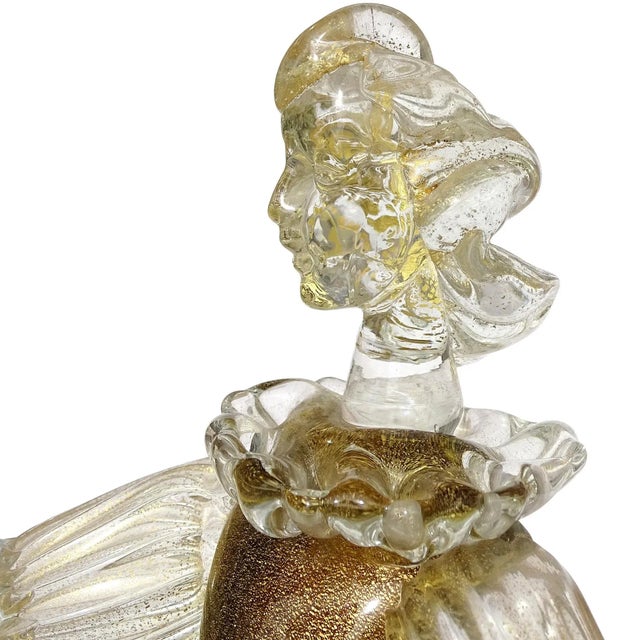 Mid-Century Modern Murano Vintage Dark Amber Olive Gold Flecks Italian Art Glass Woman Farmer With Basket Figure Sculpture For Sale - Image 3 of 8