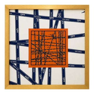 Authentic Original Hermès Ribbon Gift Box Art Print Orange & Navy French Luxury Wall Art Framed Advertisement Print For Sale