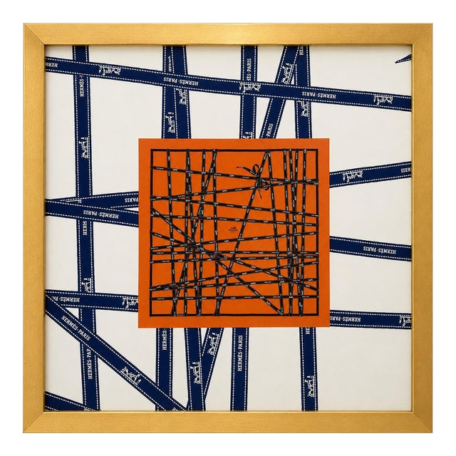 Authentic Original Hermès Ribbon Gift Box Art Print Orange & Navy French Luxury Wall Art Framed Advertisement Print For Sale