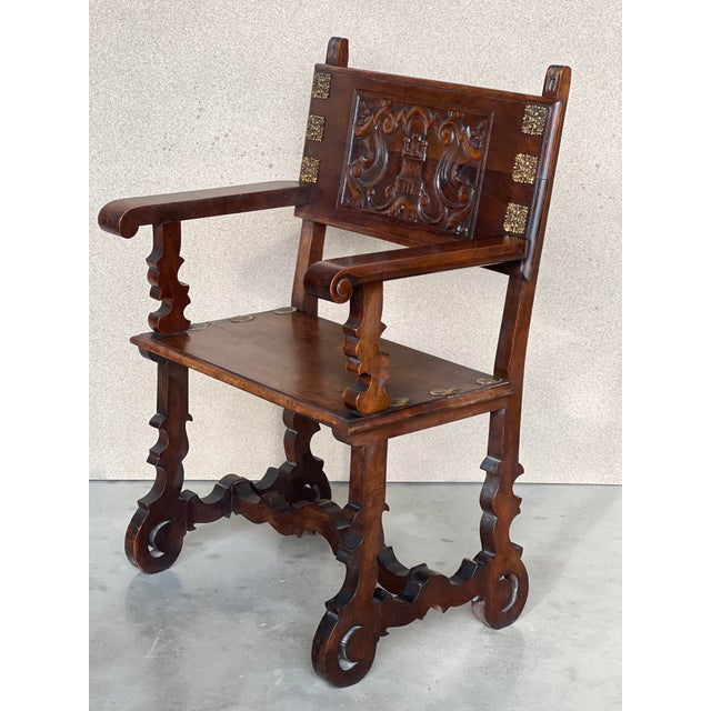 Late 19th Century 19th Century Spanish Colonial Altar Carved Armchairs With Wood Seat & Back For Sale - Image 5 of 11