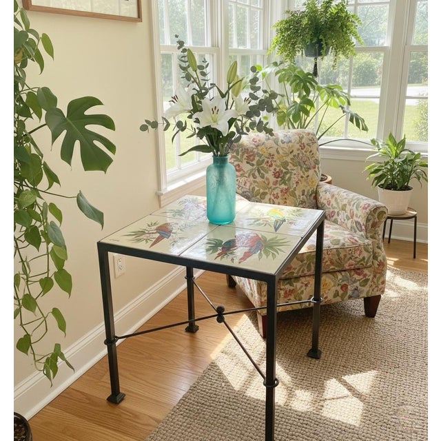 Italian Contemporary Hand-Painted Ceramic Tile Parrot Bistro Table For Sale - Image 9 of 12
