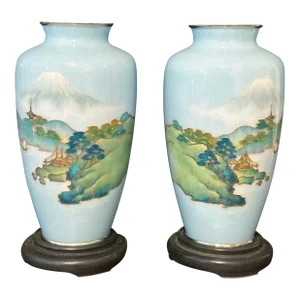 Pair of 1920s Japanese Cloisonne Vase, Pale Blue Ground With Mt. Fuji Scene