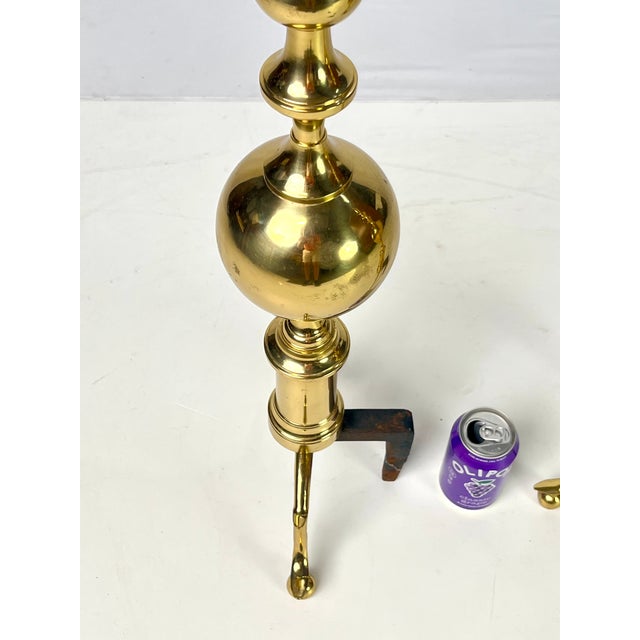 Vintage Tall Polished Brass & Cast Iron Ball Top Andirons - Pair For Sale - Image 13 of 14
