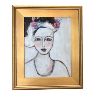 Chic French Woman Portrait Painting by Ruth Arenz Including the Antiqued Gold Wood Frame For Sale