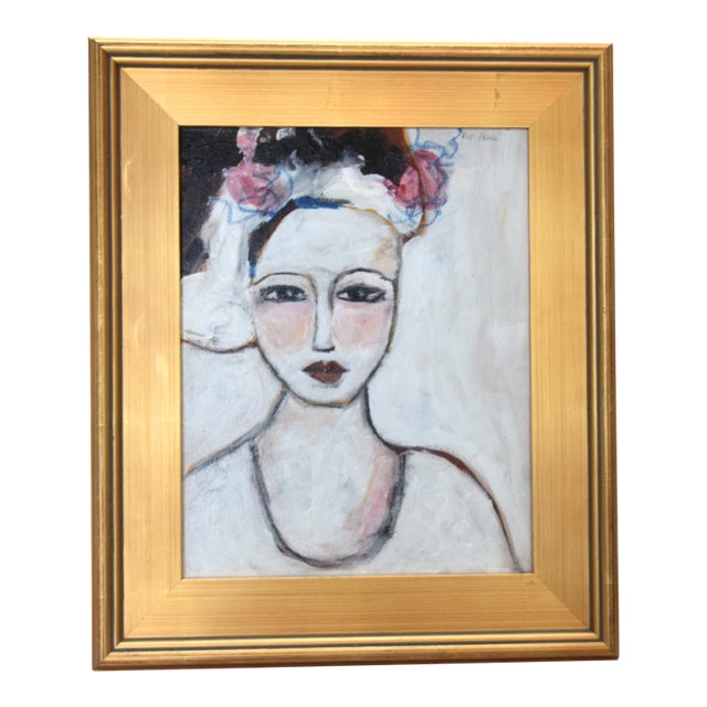 Chic French Woman Portrait Painting by Ruth Arenz Including the Antiqued Gold Wood Frame For Sale