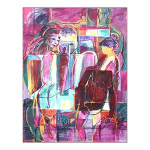 Large Cubist Influenced Figurative Mixed Media Painting Circa 1990
