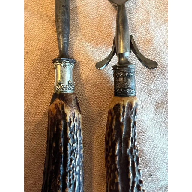 Victorian Antique Sterling Silver Mounted Stag Horn Carving Set, Meat Fork and Sharpening Steel For Sale - Image 3 of 15