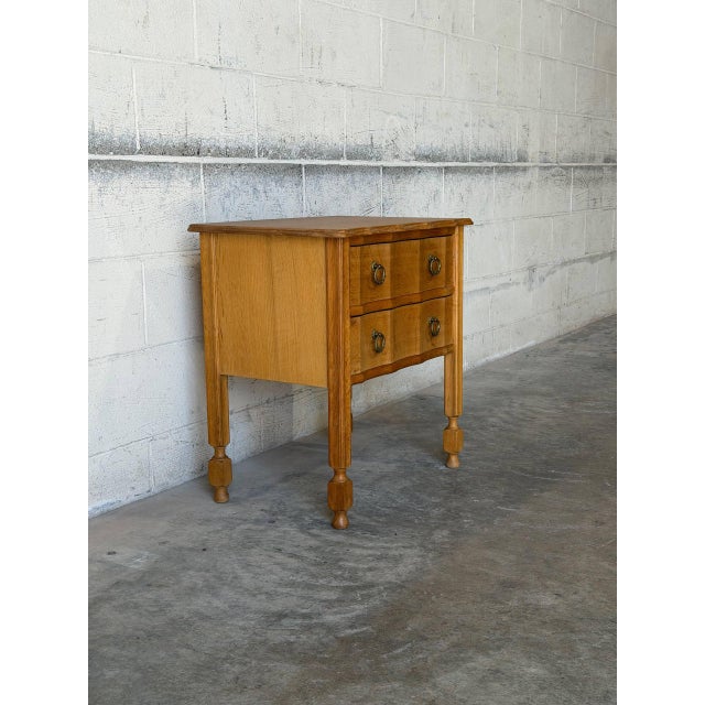 Mid-Century Modern Solid Oak Small Two-Drawer Dresser With Sculpted Fronts and Turned Legs Traditional Vintage 1970s For Sale - Image 3 of 9
