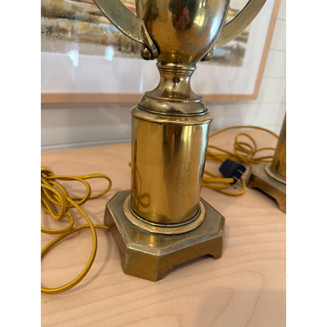 Pair of Vintage English Brass Trophy Form Winged Urn Lamps For Sale - Image 4 of 16
