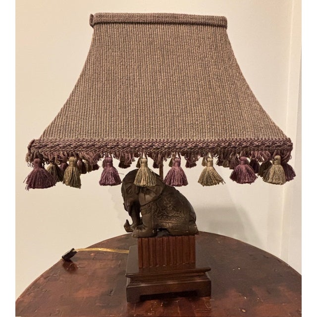 Figurative 1970s Frederick Cooper Bronze Elephant Table Lamp & Shade - Set of 2 For Sale - Image 3 of 8