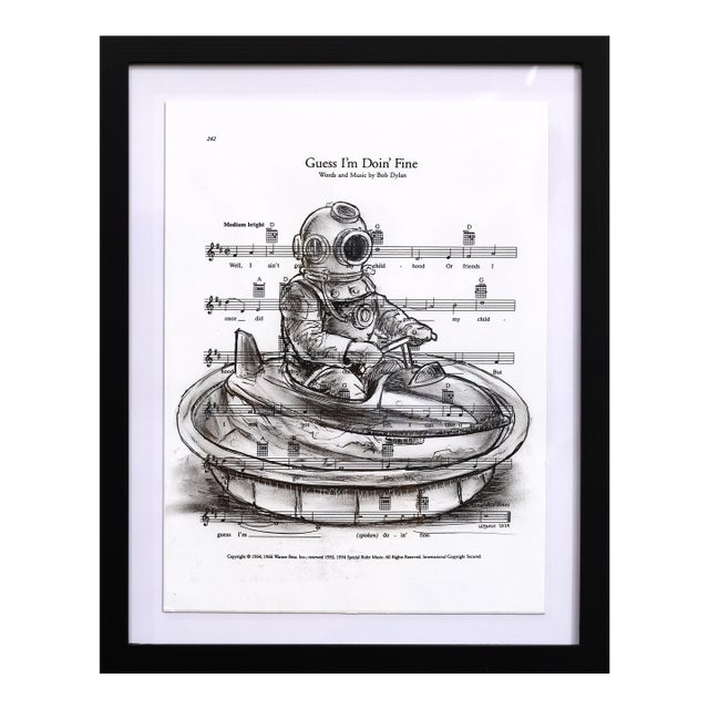 Pursuit of Contentment - Framed Original Figurative Narrative Mixed Media Artwork on Sheet Music For Sale