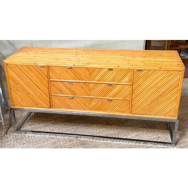 Yellow 1970s Milo Baughman Split Bamboo, Pencil Reed and Chrome Credenza / Sideboard For Sale - Image 8 of 10