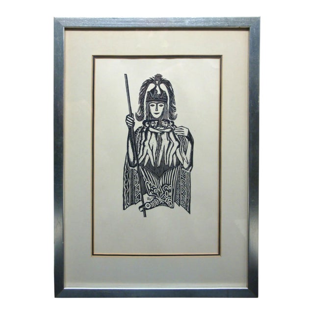 1959 Tribal Mid-Century Modern Woodcut Wood Block Art For Sale