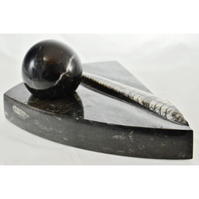 Black Carved Fossil Stone Wedge & Sphere For Sale - Image 4 of 7