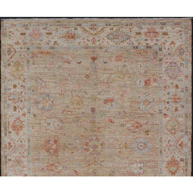 Floral Turkish Angora Oushak With Sandy in Taupe Background and Cream Border 6'1 X 8'9 For Sale - Image 9 of 12