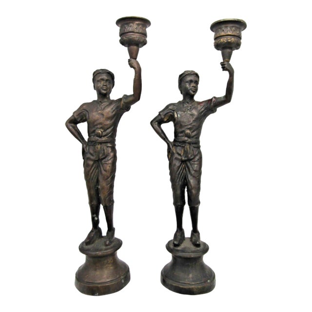 Matched Pair of Vintage Boho Patinated Bronze Boy Torchbearer Candle Holders For Sale