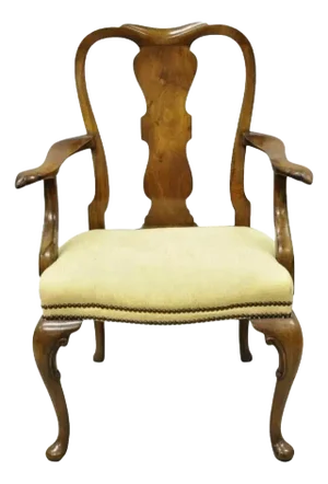 Antique 19th Century English Queen Anne Carved Burr Walnut Splat Back Dining Arm Chair