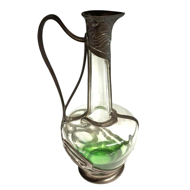 Art Nouveau 1900s Austrian Art Nouveau Pewter Jugendstil Clade Green Art Glass Wine Carafe For Sale - Image 3 of 6