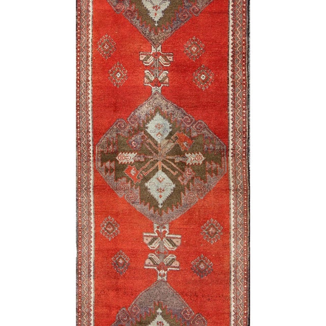Vintage Turkish Oushak Runner in Burnt Orange, Moss Green, and Pale Blue 3' X 11'10 For Sale - Image 4 of 8