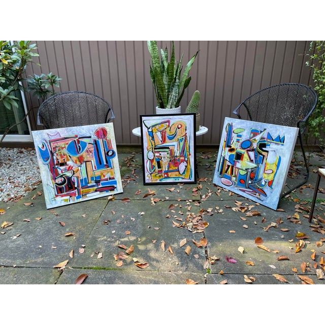 Beautiful appx 30”x30” abstract original oil on gallery stretched canvas abstract cubist painting. Listed artist John...