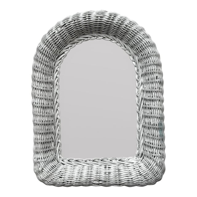 Vintage Boho Chic Coastal White Wicker Painted Arched Wall Picture Frame For Sale