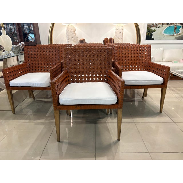 1970s Vintage Set of 10 Woven Cane Rattan Dining Arm Chairs Armchairs Restored For Sale - Image 5 of 12