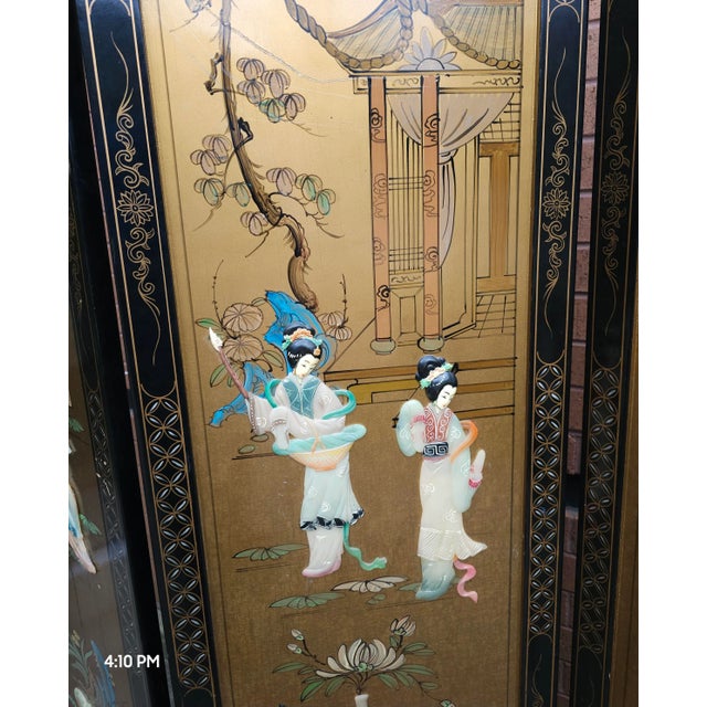 Mid 20th Century Asian Colored Stone Mounted, Lacquered and Decorated 4-Panel Floor Screen For Sale - Image 5 of 8