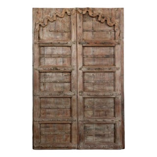 Antique Arched Door Farmhouse Entry Doors Exterior Carved Wooden Door- a Pair For Sale