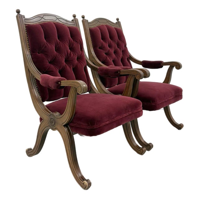 Vintage Tufted Burgundy Velvet Armchairs For Sale