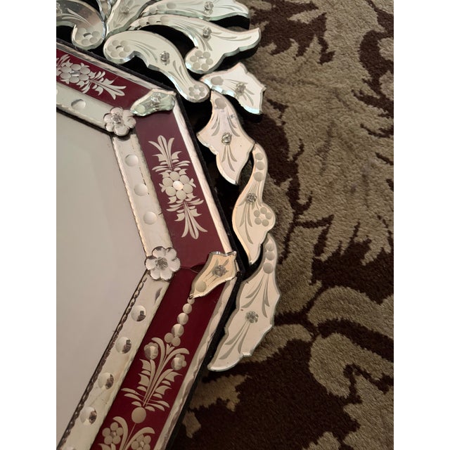 Wall Mirror Red Venetian Octagonal Etched Glass Floral Hollywood Regency For Sale - Image 4 of 8