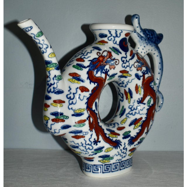 1980s Vintage Chinese Blue & White Dragon Phoenix Donut Hole Pitcher/Teapot For Sale - Image 5 of 12