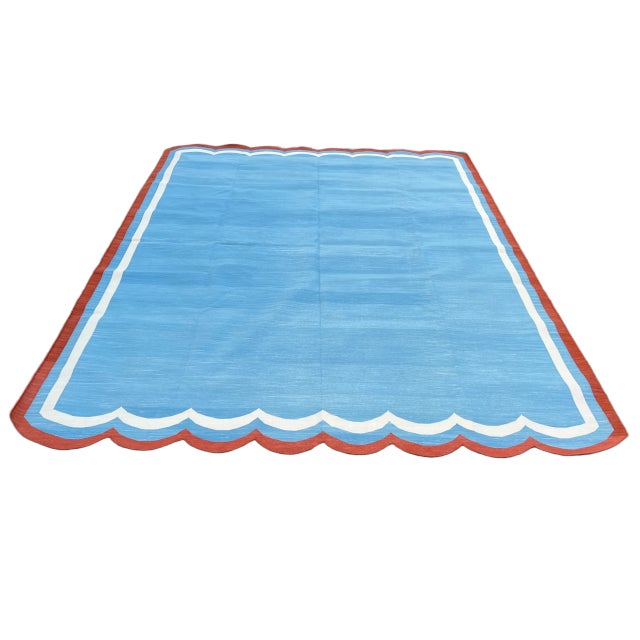 Handmade Cotton Area Rug Natural Vegetable Dyed Flat Weave Sky Blue Scalloped Rug Terracotta Border - 10'x14' For Sale - Image 9 of 11