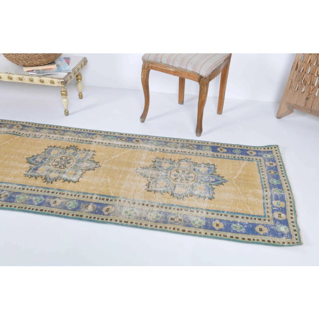 Vintage Turkish Hand-Knotted Wool Cotton Yellow Runner For Sale - Image 6 of 9
