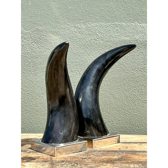 Metal Vintage Natural Horns on Chrome Plinths - Set of 2 For Sale - Image 7 of 12