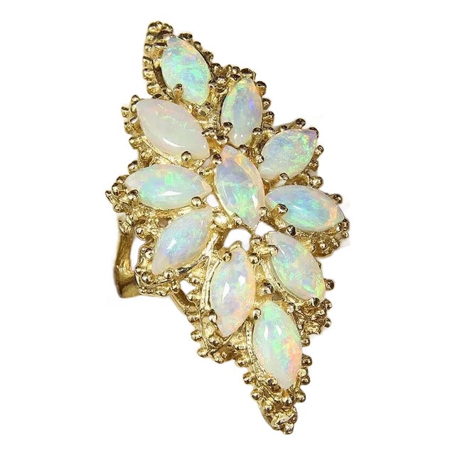 Marquise Fire Opal Floral Design Long Finger 14k Yellow Gold Ring, Size 5 For Sale