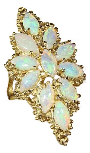 Marquise Fire Opal Floral Design Long Finger 14k Yellow Gold Ring, Size 5