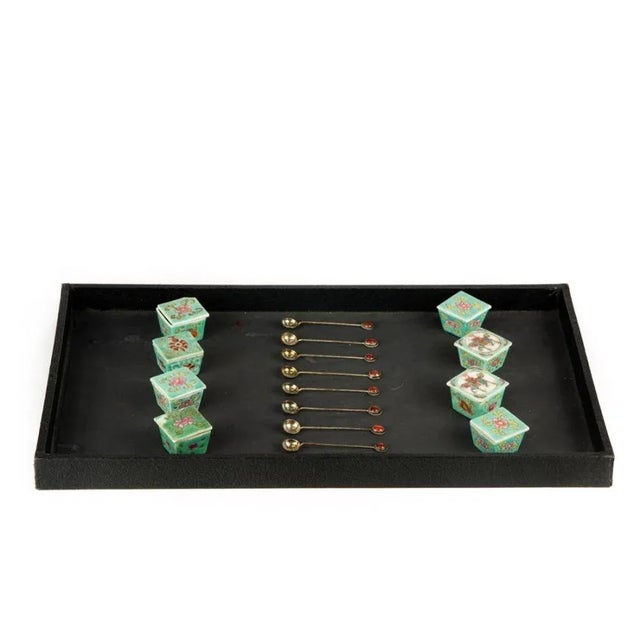 1920s Chinese Famille Rose Medallion Salt Cellar & Spoons Set- 16 Pieces For Sale - Image 10 of 10