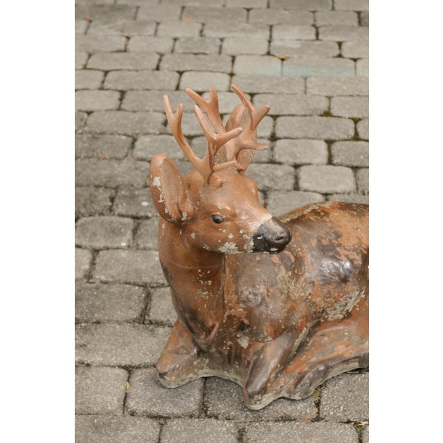 Vintage American Concrete Reclining Deer Sculpture with Iron Antlers and Patina For Sale In Atlanta - Image 6 of 11