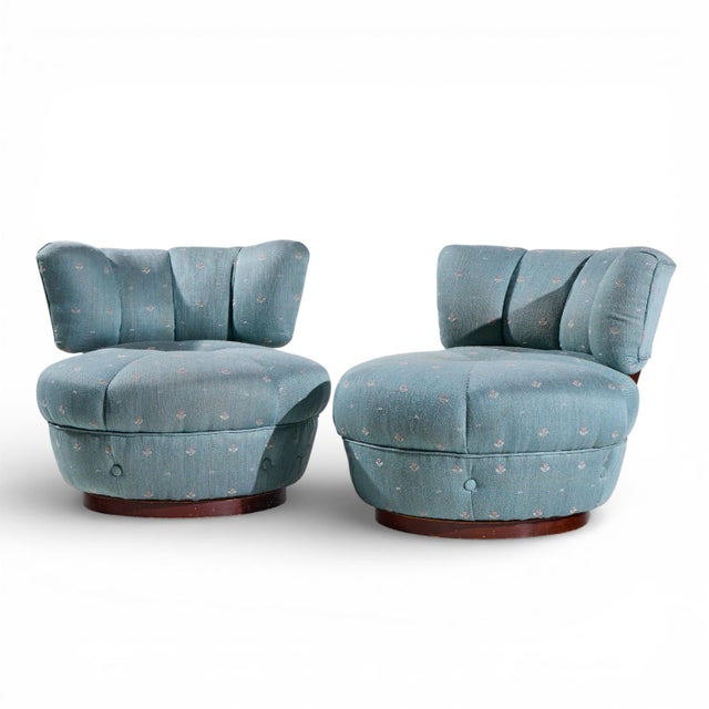 Mid-Century Modern Dunbar Style Mid Century Swivel Pouf Lounge Chairs - Pair For Sale - Image 3 of 12