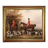 The Meeting Fox Hunt Scene Oil Painting Print Reproduction on Canvas in Antiqued Gold Frame For Sale