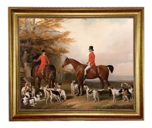 The Meeting Fox Hunt Scene Oil Painting Print Reproduction on Canvas in Antiqued Gold Frame