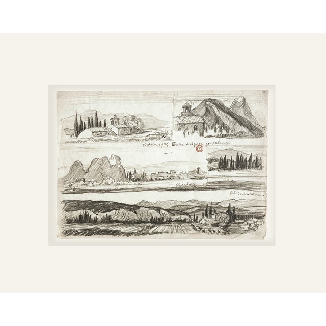 Vintage Post Impressionist South of France Graphite Landscape Drawing on Paper, Signed by Artist With Mat For Sale